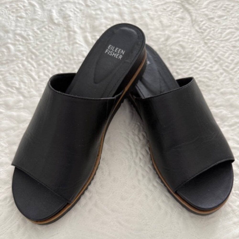 Eileen Fisher Koha Tumbled Black Leather Wedge Sandal Slide Women’s Size 9